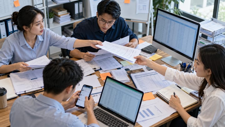 Nhân viên thu thập thông tin từ giấy tờ, bảng tính và tin nhắn trên cùng một bàn làm việc