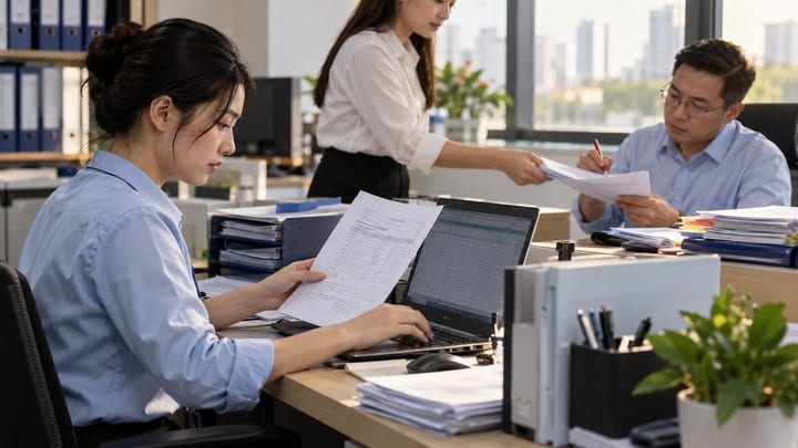 Nhân viên sao chép thông tin từ giấy tờ vào laptop