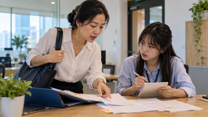 Hai nhân viên trao đổi qua lại trên giấy tờ để bàn giao công việc