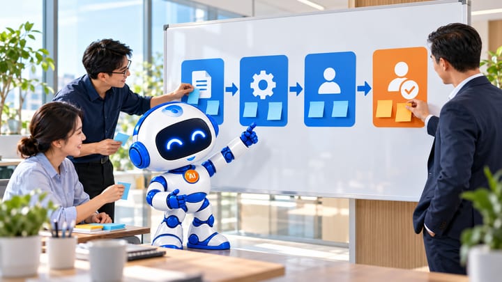 Đội ngũ giao việc cho AI Agent trước sơ đồ các bước trên bảng trắng