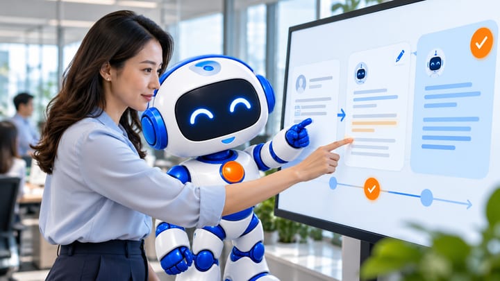 Nhân viên cùng AI Agent xem bản nháp trên màn hình và phê duyệt