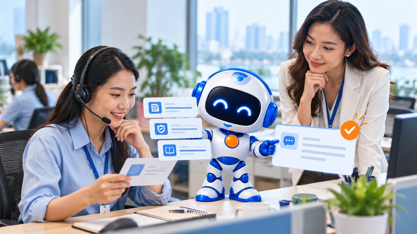 Nhân viên chăm sóc khách hàng nhận yêu cầu, có AI Agent hỗ trợ bên cạnh