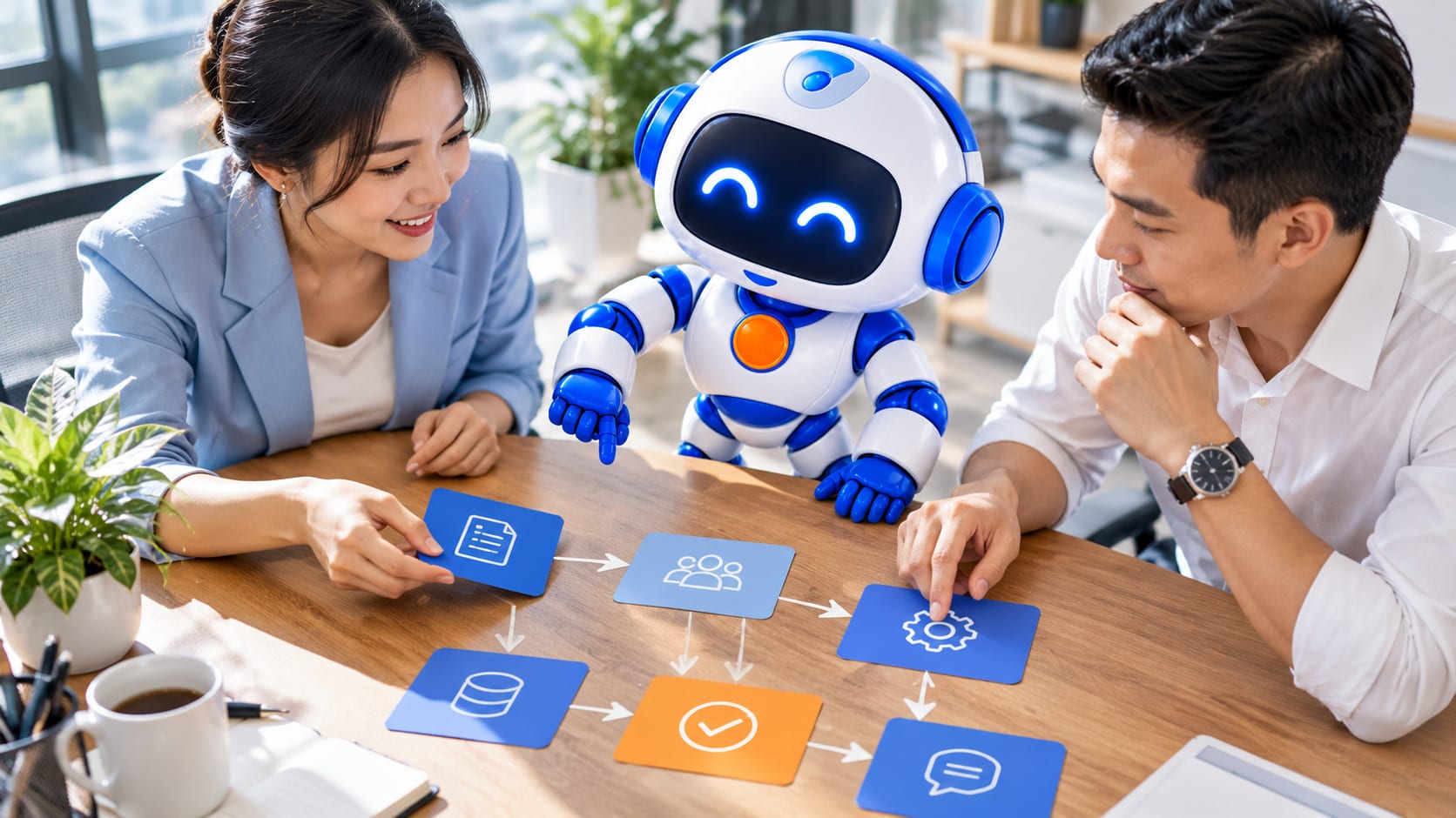 Chuyên gia, nhân viên và AI Agent cùng sắp xếp các thẻ bước quy trình trên mặt bàn