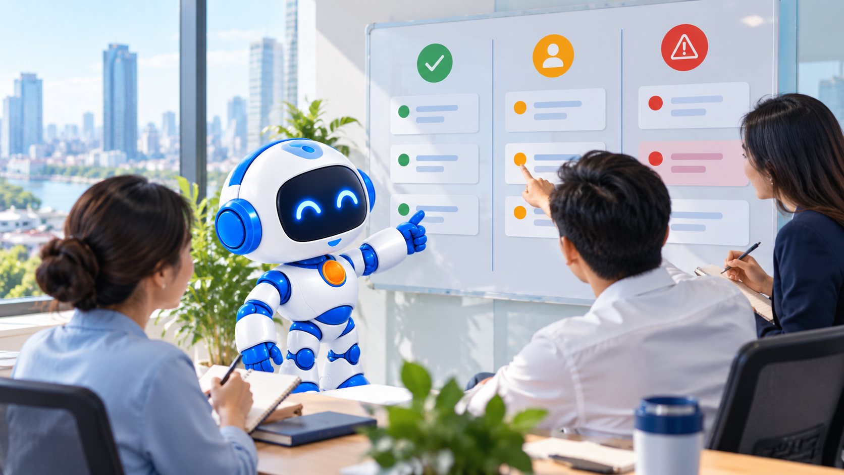 Đội ngũ cùng AI Agent theo dõi trạng thái từng bước của quy trình trên bảng trắng