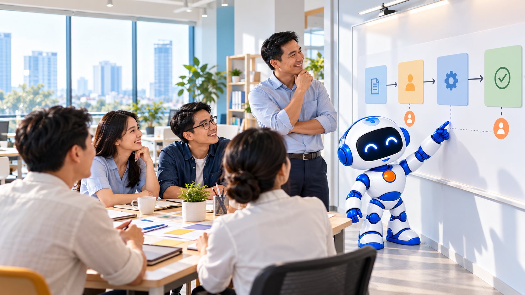 Đội ngũ vận hành quanh bàn họp cùng AI Agent trước sơ đồ quy trình đã chuẩn hóa