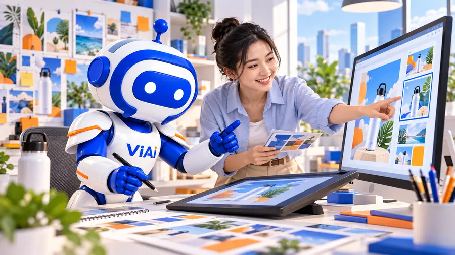 Robot AI Agent ViAI cùng chuyên viên marketing hoàn thiện thiết kế chiến dịch trên màn hình, bảng ý tưởng phía sau (ảnh minh họa)