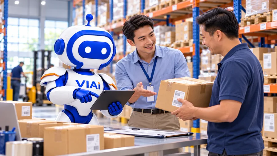 Robot AI Agent ViAI, nhân viên bán hàng và khách cùng xác nhận sản phẩm, đơn hàng tại kho (ảnh minh họa)