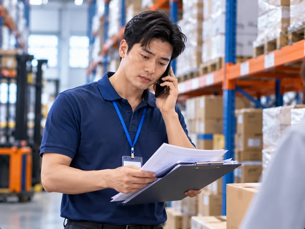 Nhân viên bán hàng vừa nghe điện thoại vừa xem xấp phiếu giữa kho hàng (ảnh minh họa)