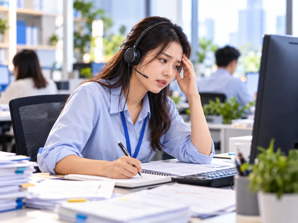 Chuyên viên chăm sóc khách hàng đeo tai nghe, căng thẳng giữa chồng giấy tờ (ảnh minh họa)