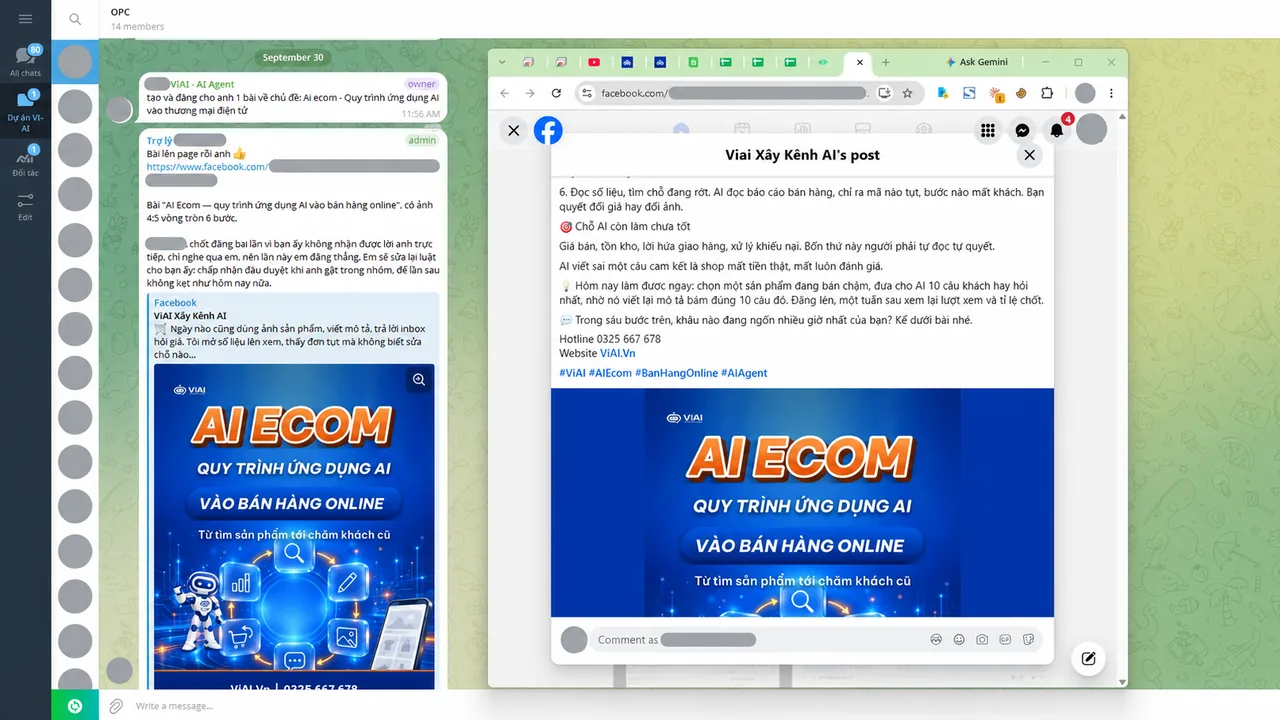 Trợ lý AI trên Telegram đăng bài “AI Ecom — quy trình ứng dụng AI vào bán hàng online” lên fanpage; bên phải là bài đã lên Facebook kèm ảnh thiết kế, tên trang đã được làm mờ (ảnh minh họa)