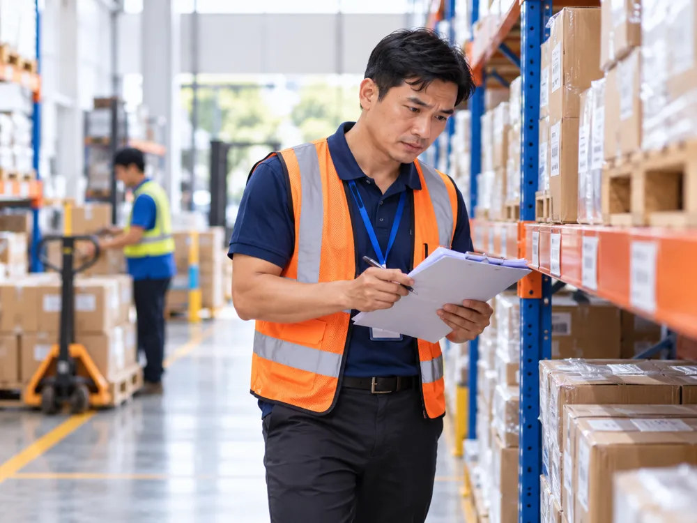Giám sát vận hành đang kiểm hàng trên kệ với bảng ghi chú giấy (ảnh minh họa)