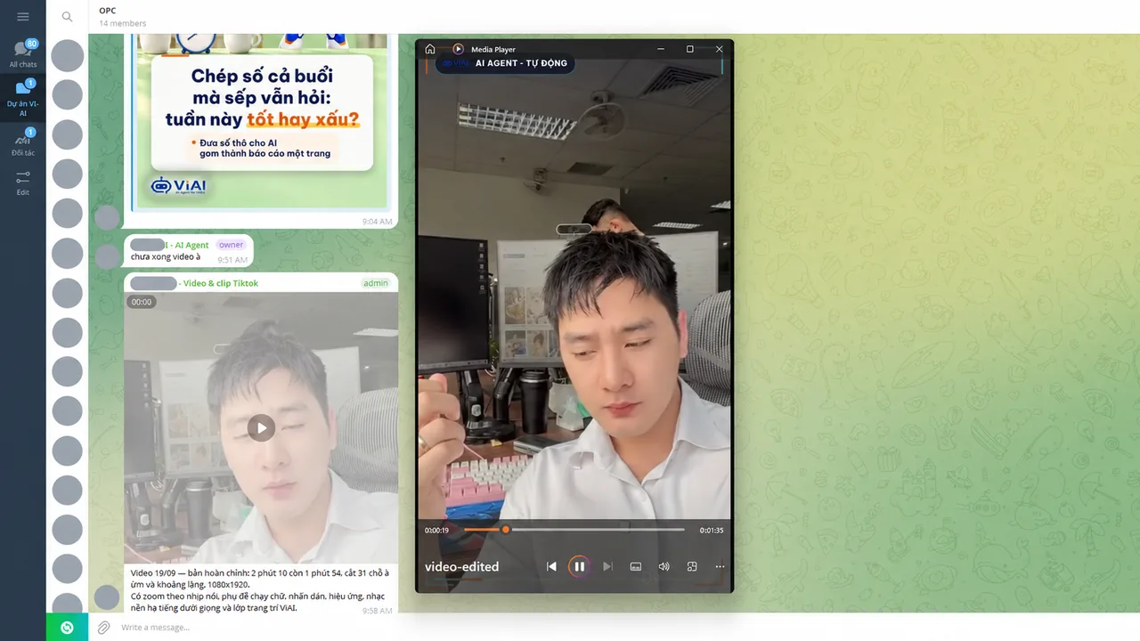 Video đã dựng xong được gửi vào nhóm Telegram kèm ghi chú bản hoàn chỉnh (cắt chỗ ừm và khoảng lặng, phụ đề chạy chữ, nhạc nền), đang mở xem trong trình phát video; tên người gửi đã được làm mờ (ảnh minh họa)