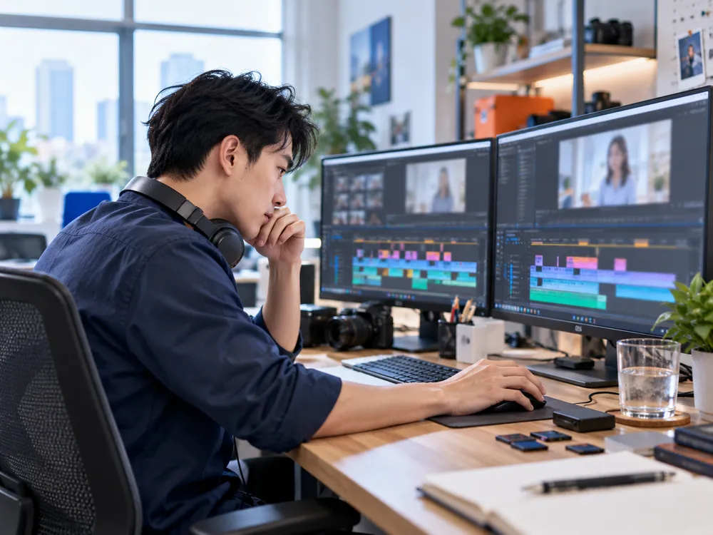 Editor ngồi trước hai màn hình dựng video, tay chống cằm suy nghĩ (ảnh minh họa)