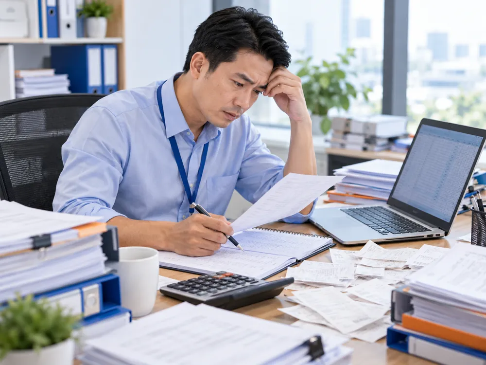 Kế toán ôm đầu giữa chồng chứng từ, hóa đơn và máy tính bỏ túi (ảnh minh họa)