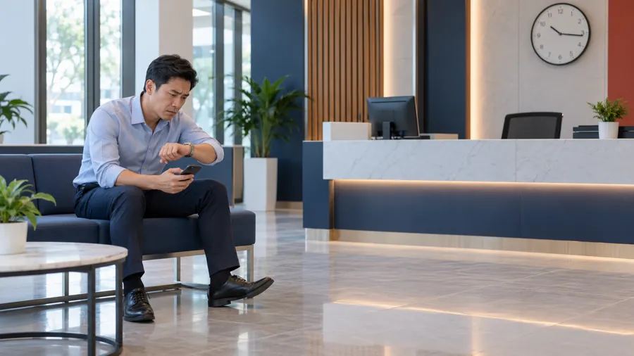Người đàn ông ngồi chờ ở sảnh, nhìn đồng hồ đeo tay và điện thoại với vẻ sốt ruột (ảnh minh họa)