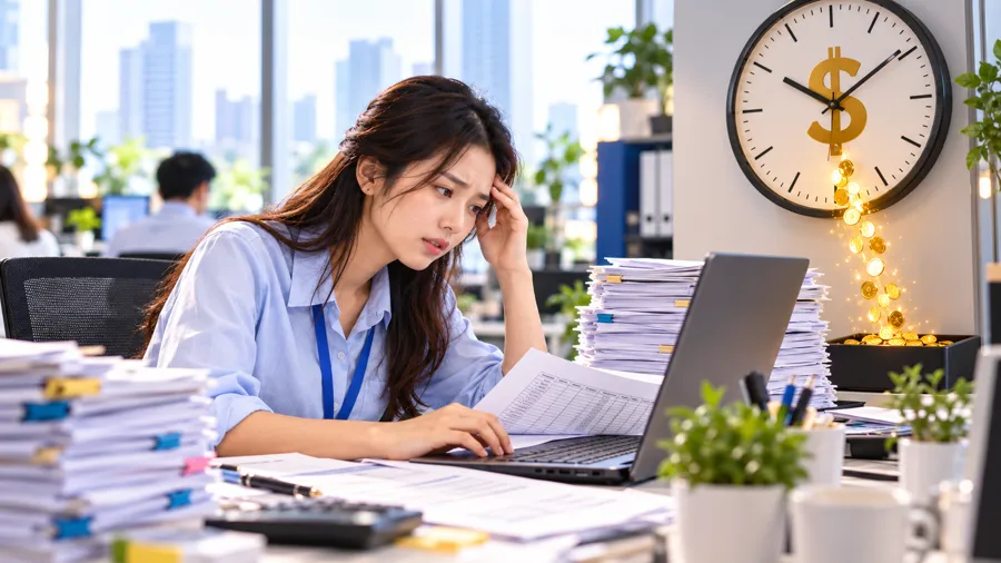 Nhân sự ôm đầu giữa chồng hồ sơ và laptop, đồng hồ treo tường có đồng tiền chảy ra (ảnh minh họa)