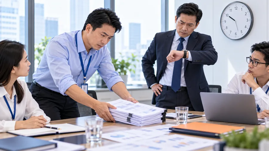 Cuộc họp căng thẳng: quản lý nhìn đồng hồ đeo tay trong khi đồng nghiệp đặt xấp báo cáo lên bàn (ảnh minh họa)