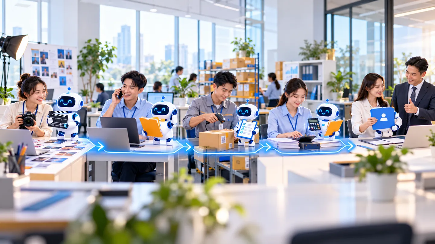 Văn phòng nhiều bộ phận: mỗi nhân sự làm việc cùng một robot Agent, công việc chuyển nối tiếp từ bộ phận này sang bộ phận khác theo luồng sáng (ảnh minh họa)