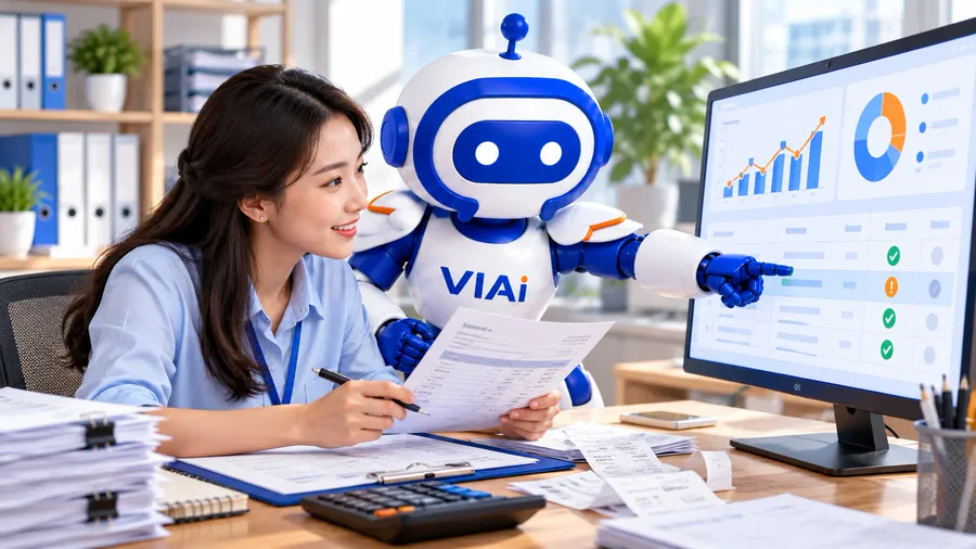 Kế toán và Robot AI Agent ViAI cùng đối soát hóa đơn, báo cáo trên màn hình (ảnh minh họa)