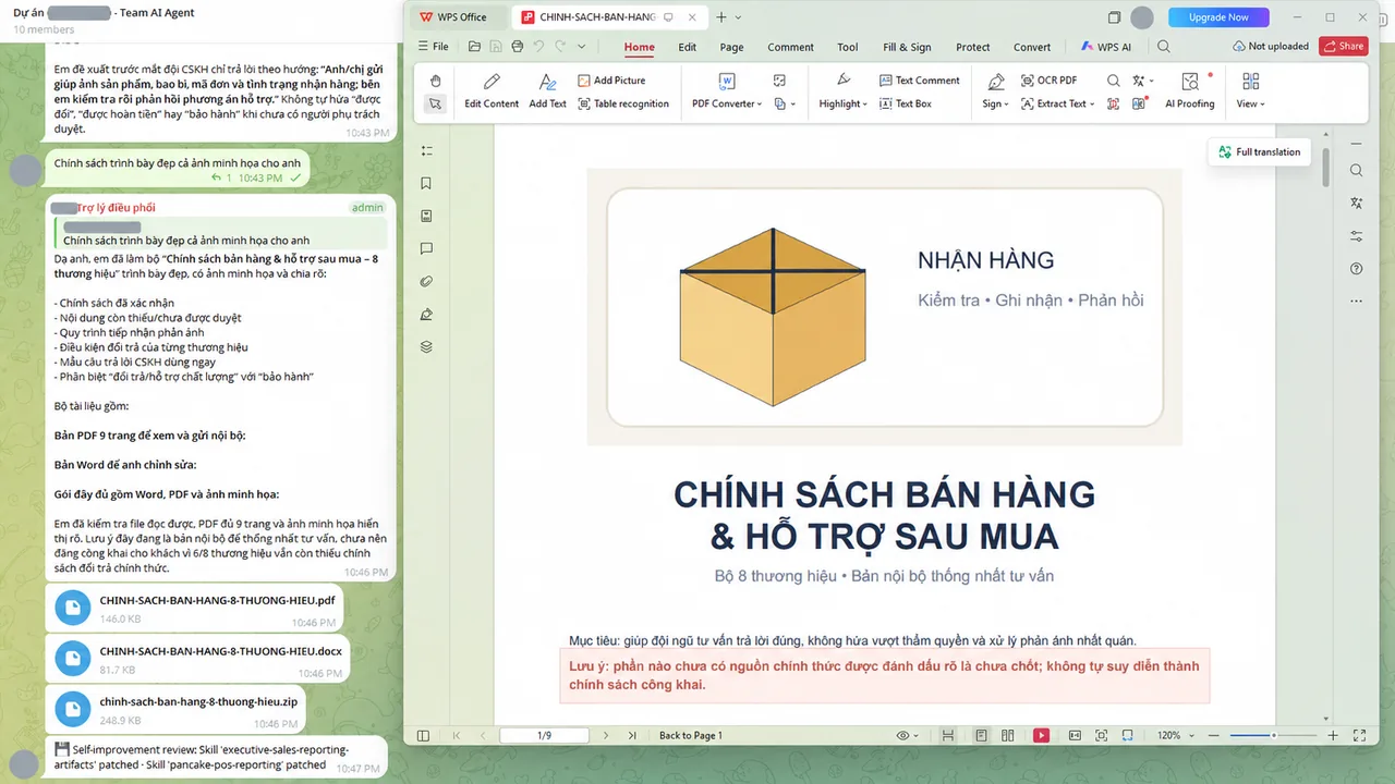 Trợ lý điều phối trên Telegram báo đã làm xong bộ “Chính sách bán hàng & hỗ trợ sau mua” của 8 thương hiệu (PDF, Word, ảnh minh họa), nêu rõ phần nào chưa được duyệt; bên phải là bản PDF đang mở với lưu ý chỉ dùng nội bộ (ảnh minh họa)