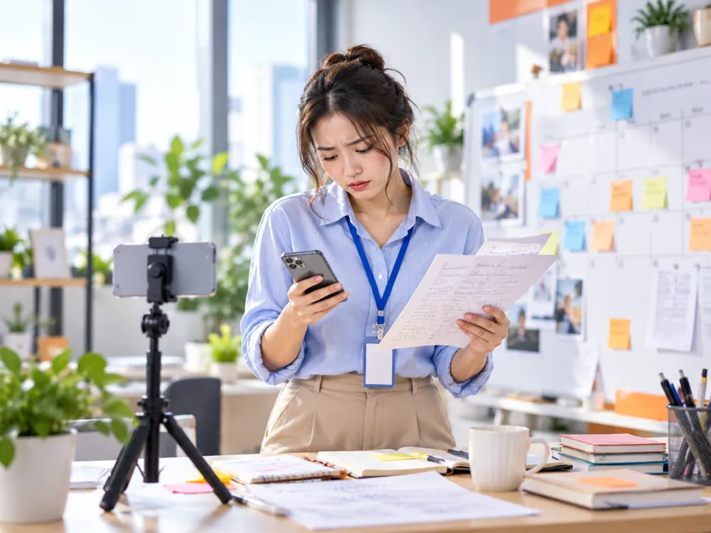 Marketer đứng cạnh chân máy quay, vừa xem điện thoại vừa cầm xấp ghi chú ý tưởng (ảnh minh họa)