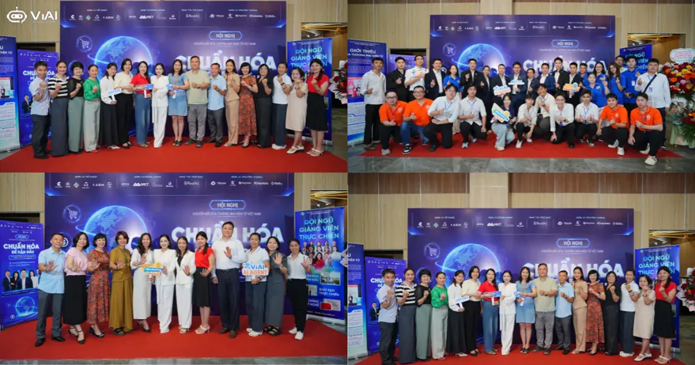 Bộ ảnh lưu niệm của các nhóm khách mời và đội ngũ tổ chức trước phông Hội nghị Chuyển đổi số & Thương mại điện tử Việt Nam