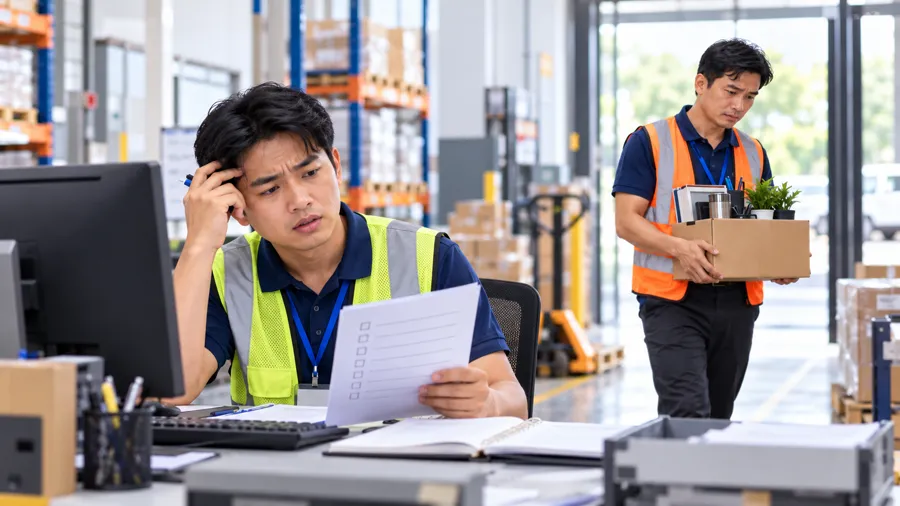Nhân viên ôm đầu nhìn danh sách việc, phía sau đồng nghiệp ôm thùng đồ rời đi (ảnh minh họa)