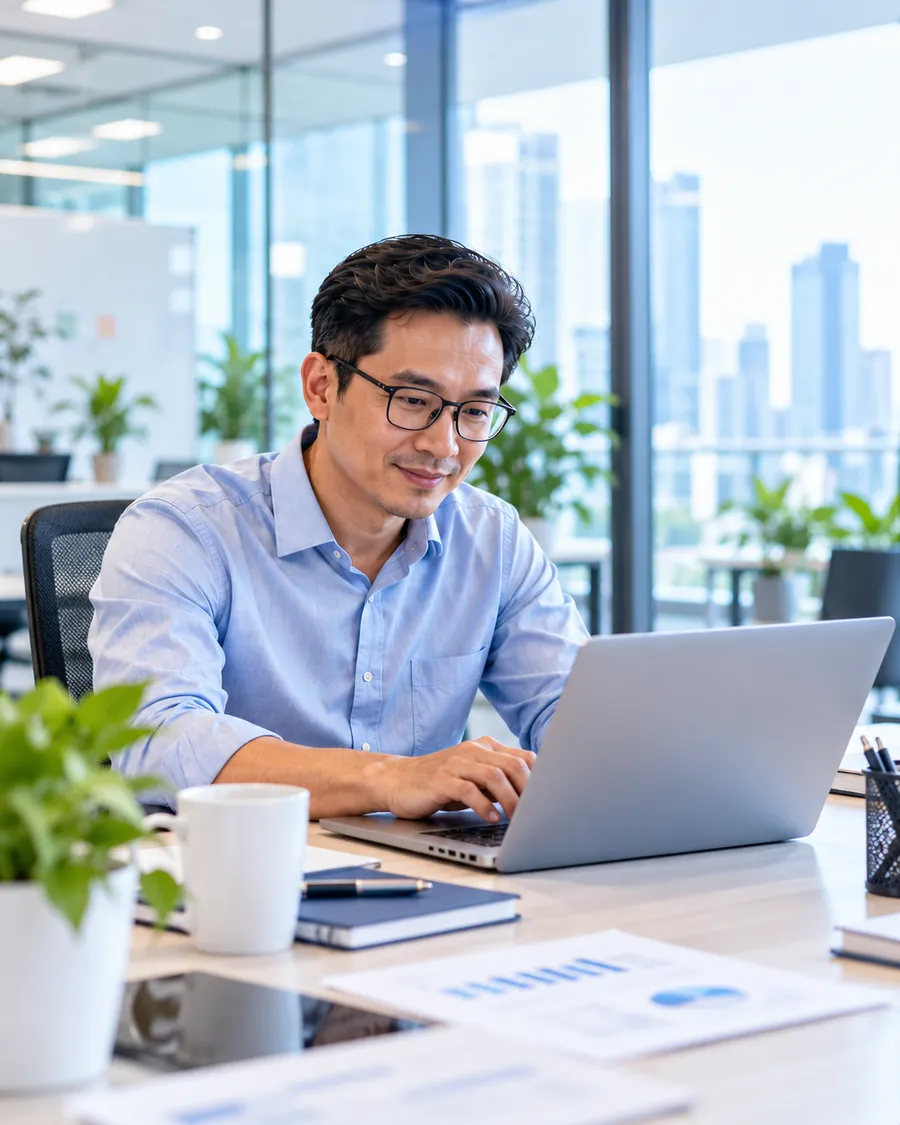 Founder Việt Nam làm việc với laptop trong văn phòng sáng hiện đại