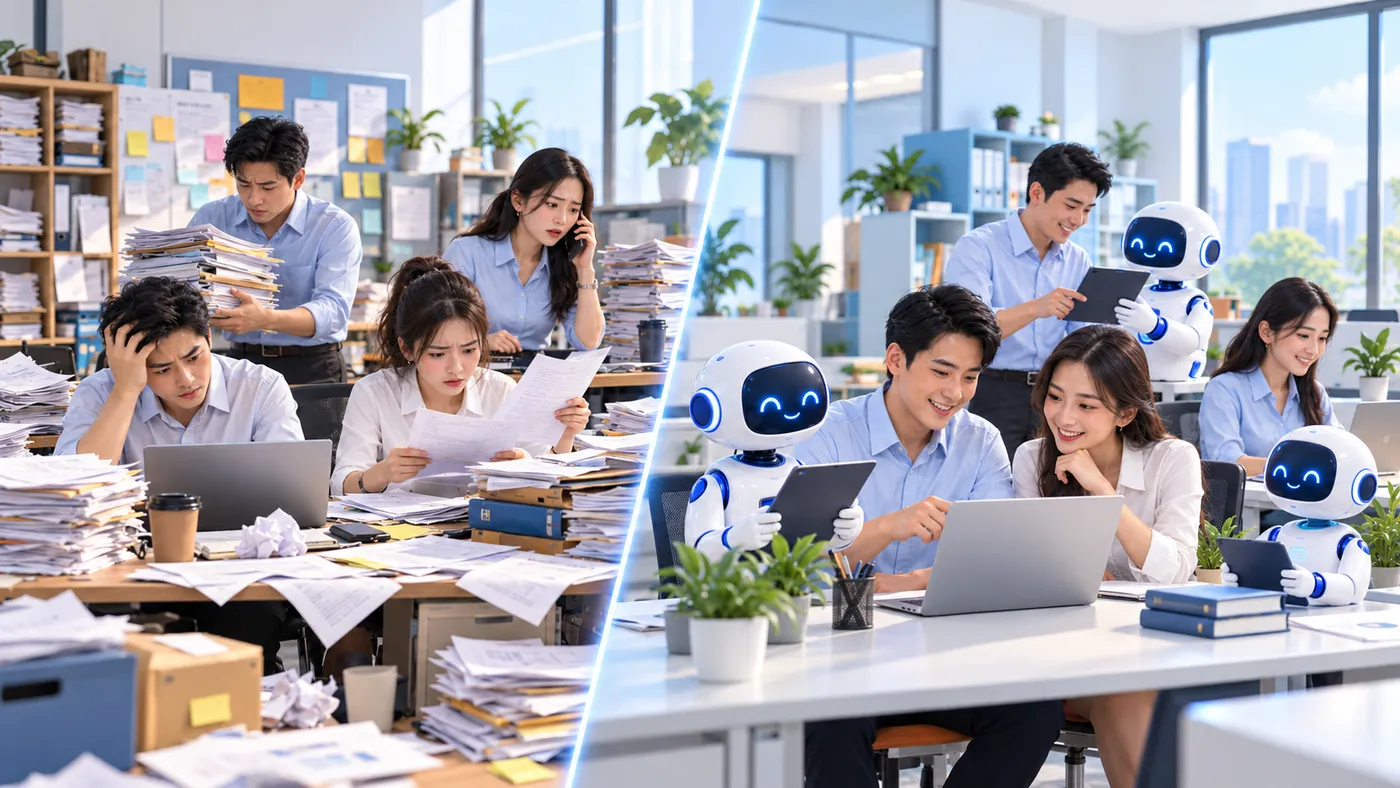 Cảnh chia đôi: bên trái đội ngũ quá tải với giấy tờ, bên phải đội ngũ làm việc cùng các AI Agent