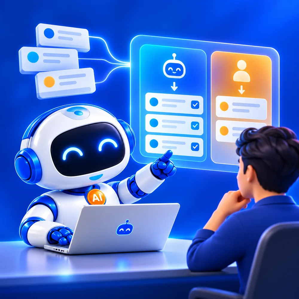 Trợ lý AI Agent chỉ vào bảng chia việc: phần việc giao cho AI và phần việc giữ lại cho người, một chủ doanh nghiệp ngồi xem