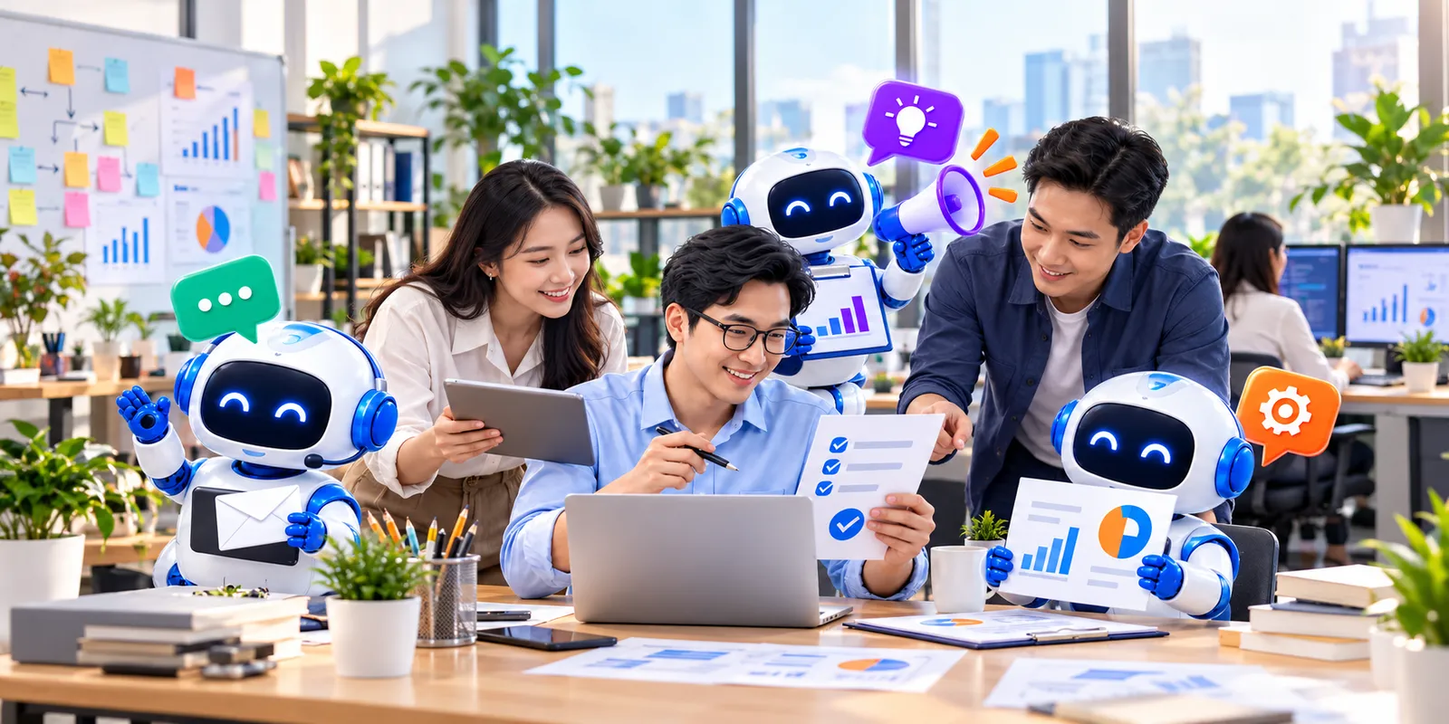 Chủ doanh nghiệp và nhân viên làm việc cùng đội AI Agent: bán hàng, chăm sóc khách hàng, Marketing và vận hành