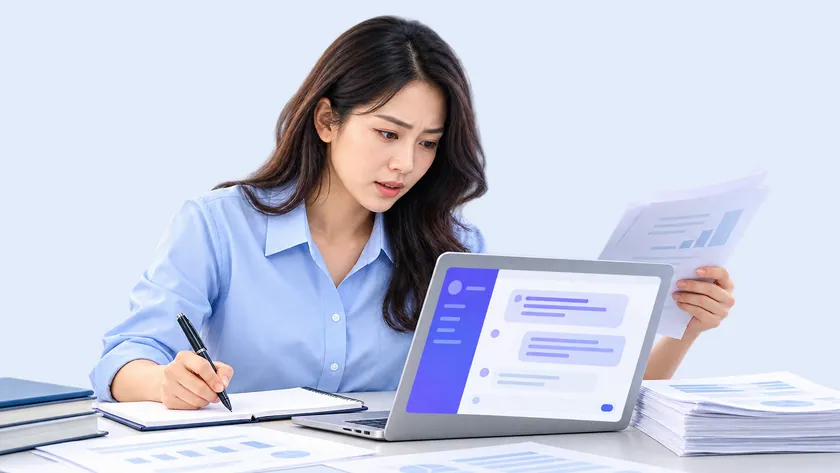 Nhân viên xử lý tài liệu rời rạc và cửa sổ trò chuyện trên laptop