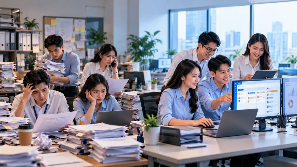 Cảnh chia đôi: bên trái đội ngũ quá tải giấy tờ, bên phải đội ngũ làm việc nhanh cùng hệ thống AI