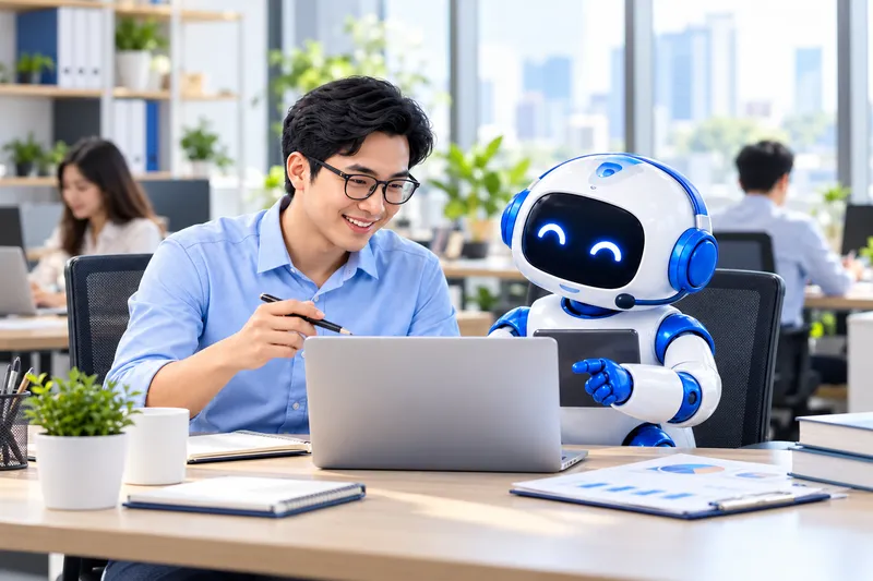 Nhân viên cùng AI Agent tra cứu tri thức và thực hiện công việc trên laptop