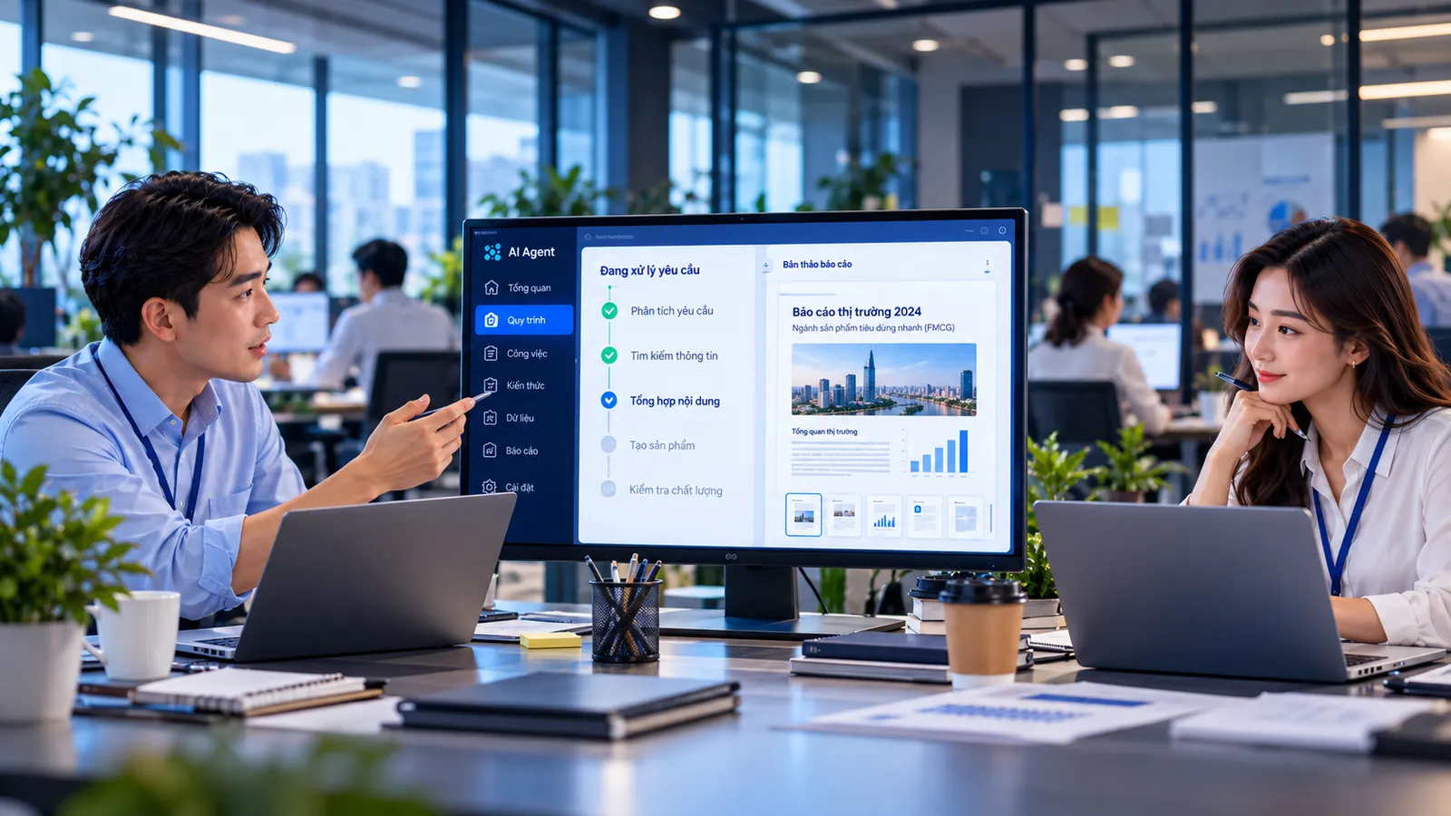 Quản lý giao việc cho AI Agent qua phần mềm; đồng nghiệp kiểm tra sản phẩm trên màn hình